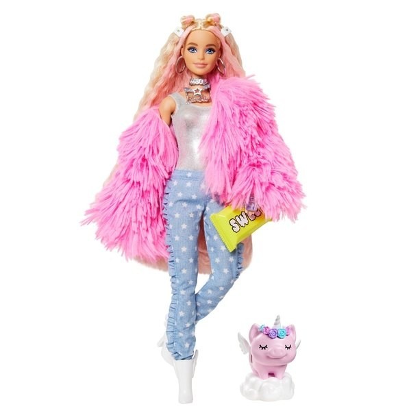 Barbie Extra Figure in Pink Fluffy Coat with Unicorn-Pig Toy