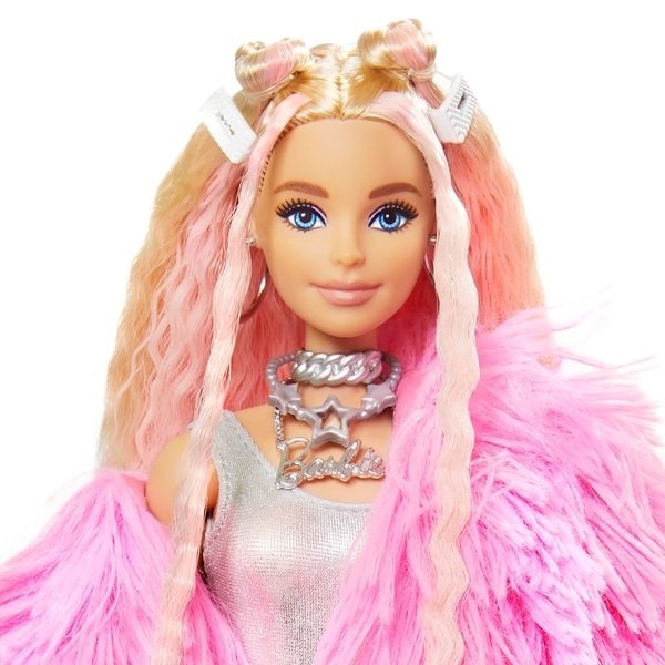 Barbie Bonus Figurine in Pink Fluffy Coat along with Unicorn-Pig Toy