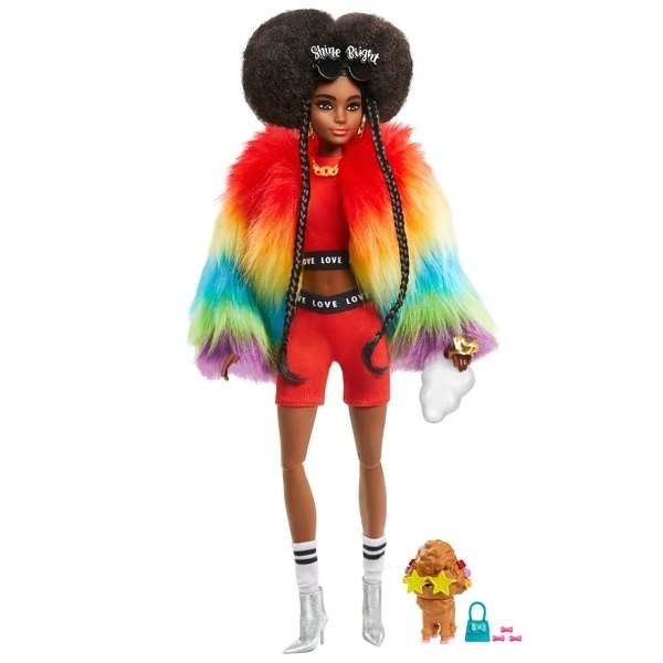 Two for One - Barbie Add-on Figure in Rainbow Coat along with Dog Dog Toy - Extravaganza:£29