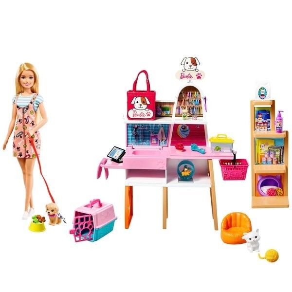 Barbie Figure and Pet Dress Shop Playset with Pets and also Add-on