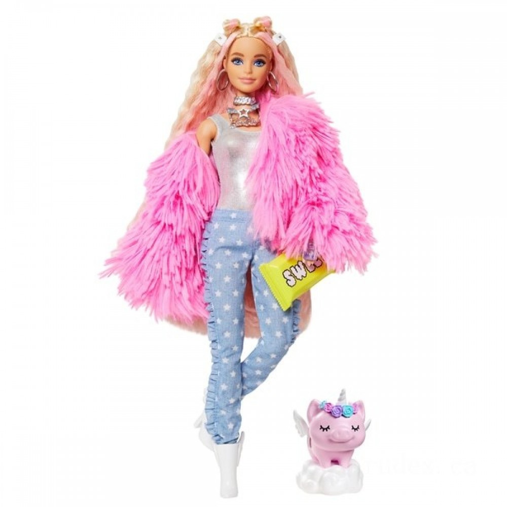 Barbie Bonus Figurine in Pink Fluffy Coat along with Unicorn-Pig Toy