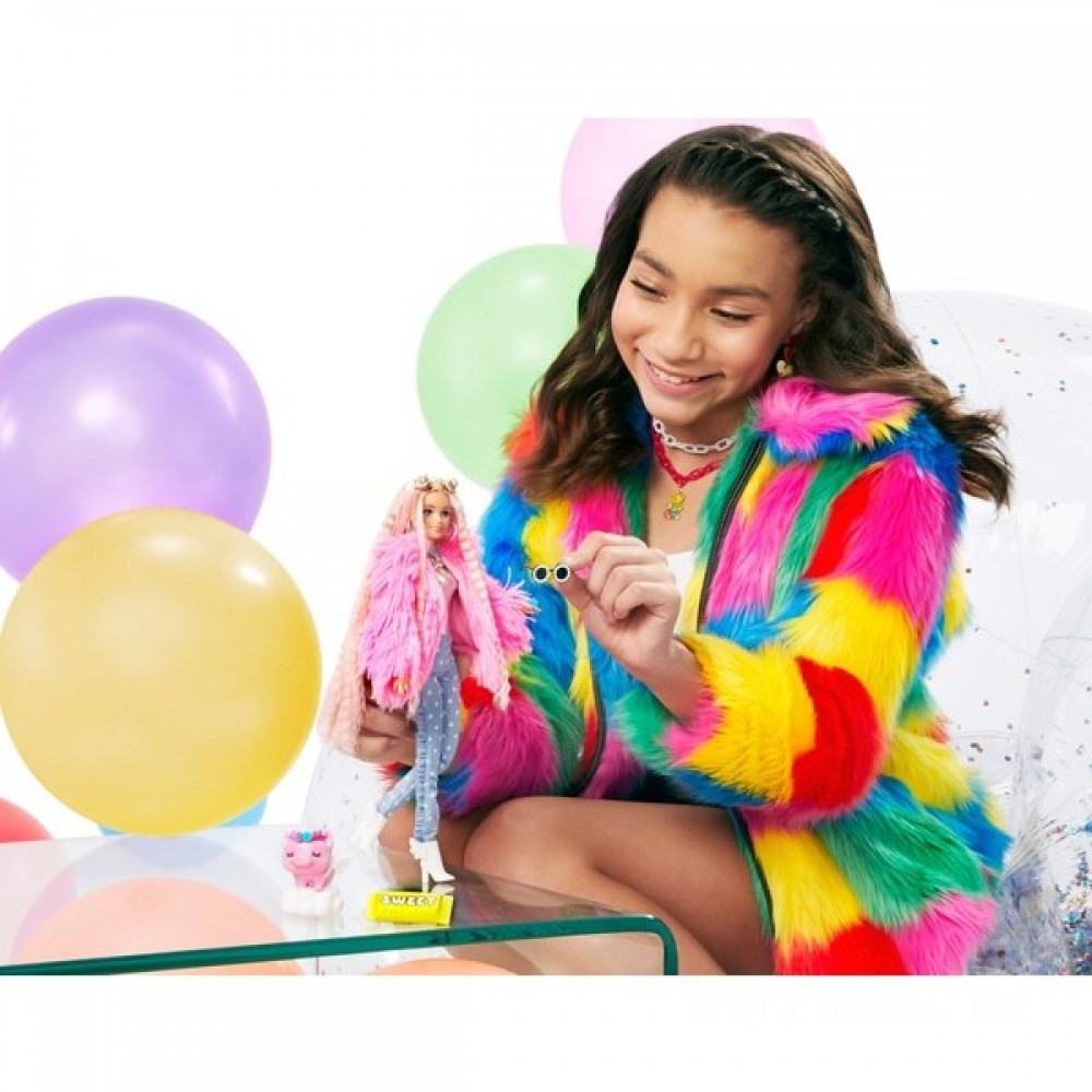 Barbie Bonus Figure in Pink Fluffy Coating along with Unicorn-Pig Toy