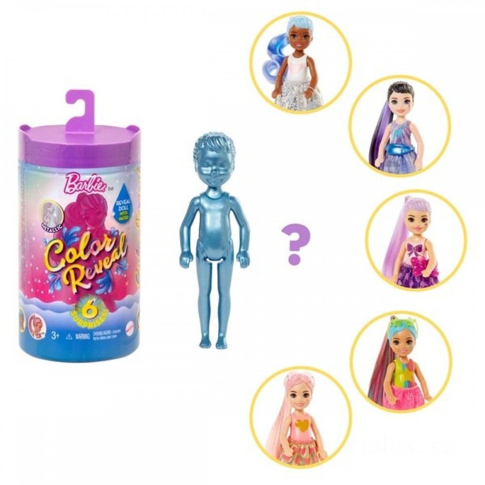 Barbie Colour Reveal Chelsea Figurine Glimmer and Shine Collection with 6 Shocks Selection