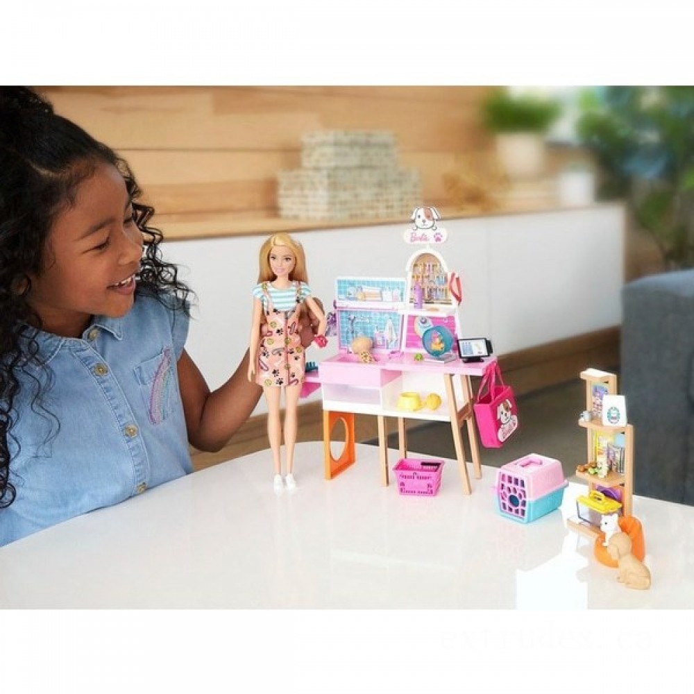 Barbie Figure and also Family Pet Dress Shop Playset with Pets as well as Accessories