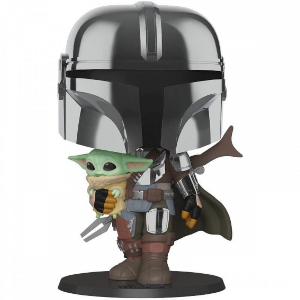 Superstar Wars The Mandalorian with Chrome Armour Lugging Infant Yoda 10-Inch Funko Pop! Vinyl